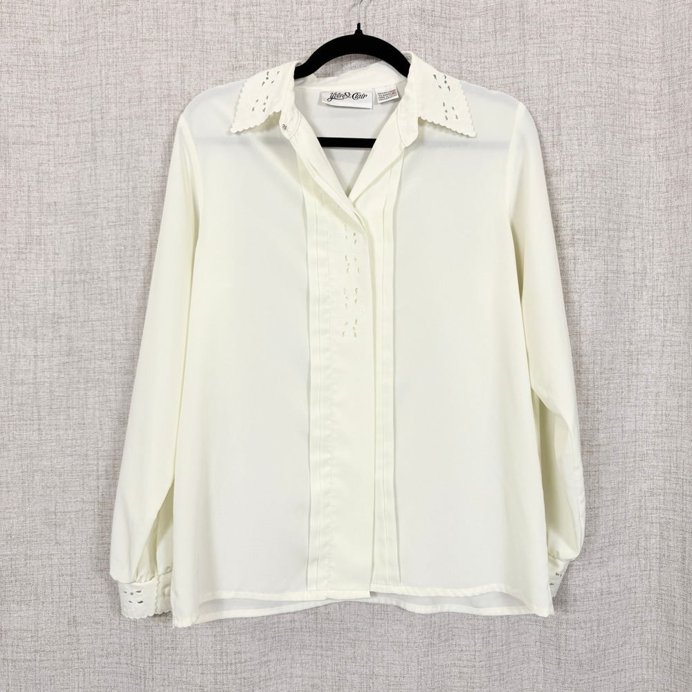 Yves St. Clair Cream Eyelet Lace Blouse Long Sleeve Pleated Top Sz 8 Cottage